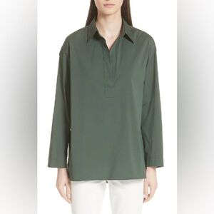 Lafayette 148 BECKETT COLLARED HENLEY BLOUSE IN BOTTLE GREEN LARGE